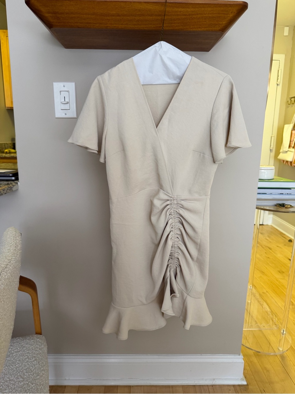 Sandro Albi Beige Ruched Wrap Mini Dress